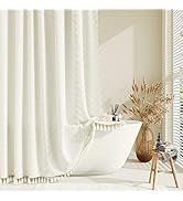 Dynamene Boho Farmhouse Shower Curtain, Cream Fabric Tufted Chevron Striped Textured Tassel Showe...