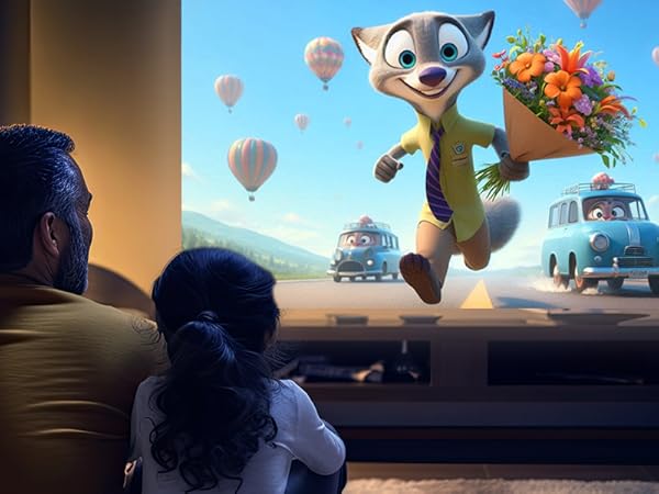 Home theater or living room setting showing animated movie projection on large screen featuring cartoon character and hot air balloons.