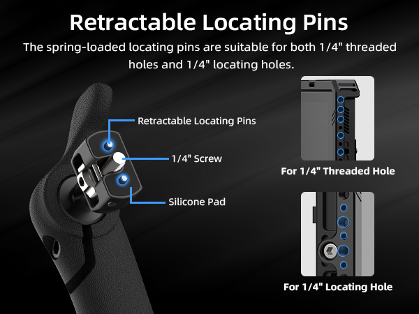 Text reads 'Retractable Locating Pins'. Technical diagram showing mounting hardware with labeled components including 1/4" threaded holes and silicone pad placement instructions.