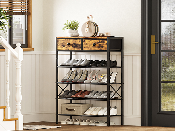 5 Tier Shoe Rack for Entryway, Shoe Storage Organizer with 2 Drawers, Metal Shoe Shelf