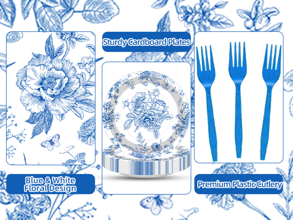 100 Pcs Blue and White Floral Tableware Party Supplies Set
