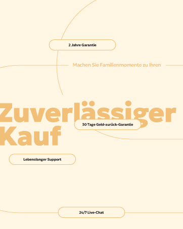 Text-based graphic in orange and white. Central phrase 'Zuverlässiger Kauf' (Reliable Purchase) with surrounding text boxes highlighting features like '2 Jahre Garantie' and '24/7 Live-Chat'.