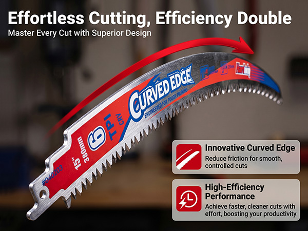 Curved-edge saw blade for smooth, fast, friction-free cuts and higher productivity.