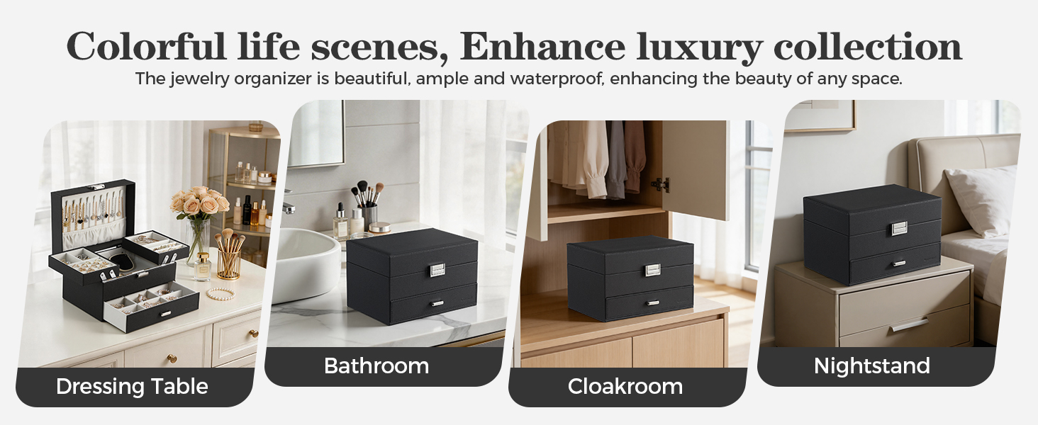 Dajasan black jewelry box, elegant gold trim aesthetics, stylish dresser top storage for jewelry.