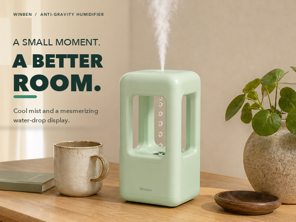 WINBEN green anti-gravity water-drop cool mist humidifier running in a warm home setting
