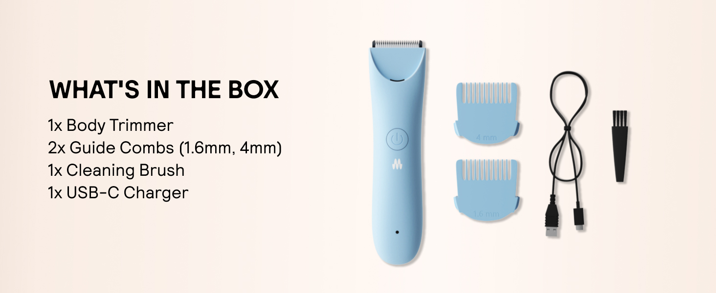 1 body trimmer,2 guide combs,1 cleaning brush,1 USB-C charger