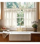 RYB HOME Pinch Pleated Cafe Curtains 24 inch Length, Light Filtering Semi Sheer Privacy Linen Tex...