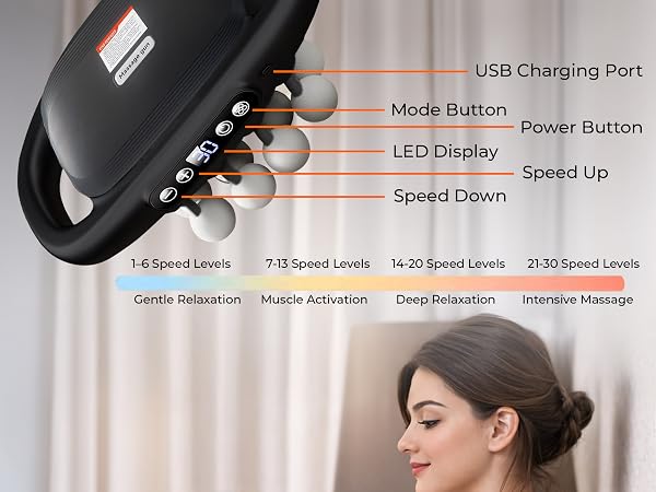 Woman using adjustable-speed massager for personalized comfort
