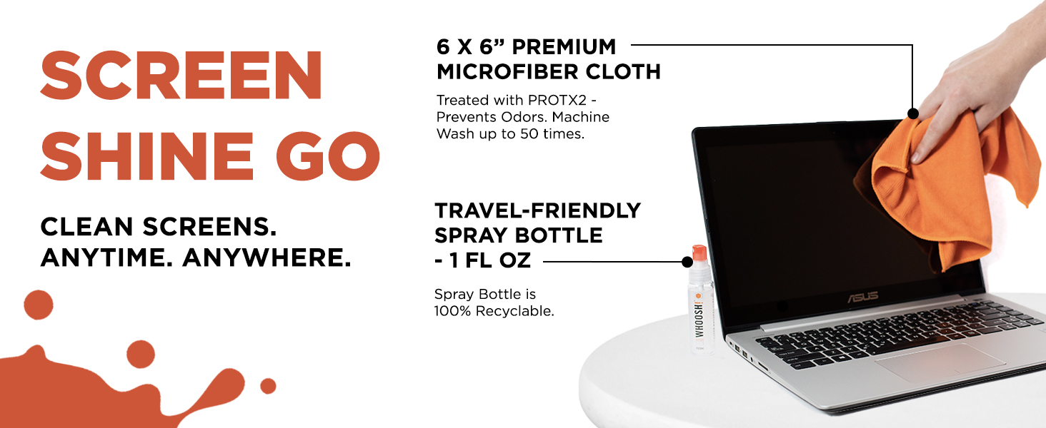Hand wiping a laptop screen with a WHOOSH! microfiber cloth and 1 fl oz travel spray bottle.