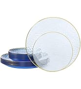 realluck 50 Pcs Clear Blue Plastic Plates with Gold Rim, Elegant Hammered Disposable Dinnerware S...