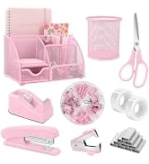 SKYDUE Pink Desk Accessories, Pink Office Supplies Set, Mesh Desk Organizer, Stapler, Tape Dispen...