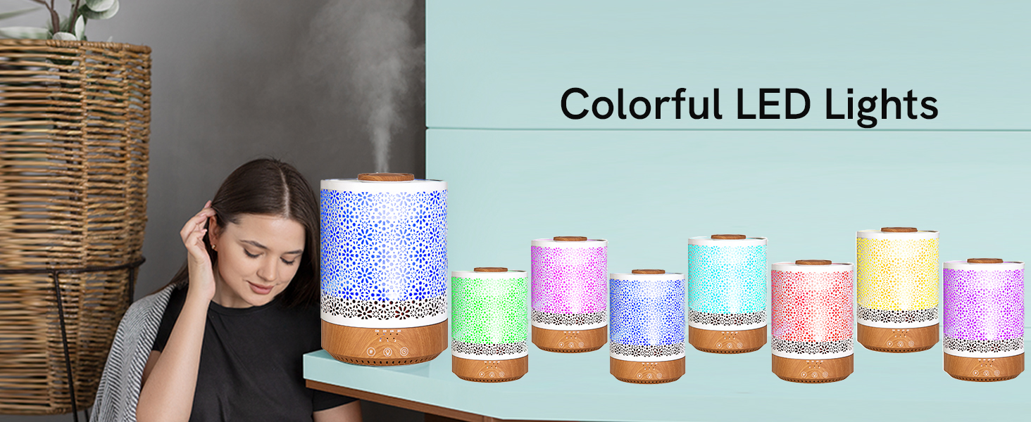 high-capacity essential oil diffuser humidifier large room long runtime mist color changing lights