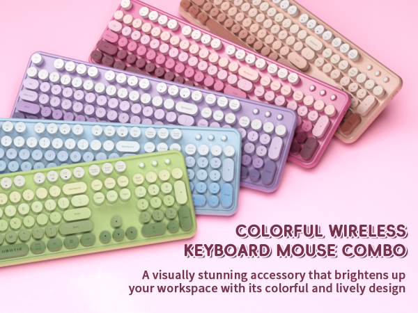 Wireless Keyboard Mouse Combo 2.4Ghz Cute Colorful 104 Keys Full Size Retro Typewriter