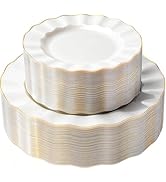 QualQuot 120PCS Pearl White Plastic Plates, Heavy Duty Disposable Party Plates with Gold Rim, 60 ...