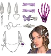 YAEISM 10PCS Y2K Hair Clips Purple Punk Hair Snap Clips Pastel Goth Dangle Spider Skeleton Cross ...