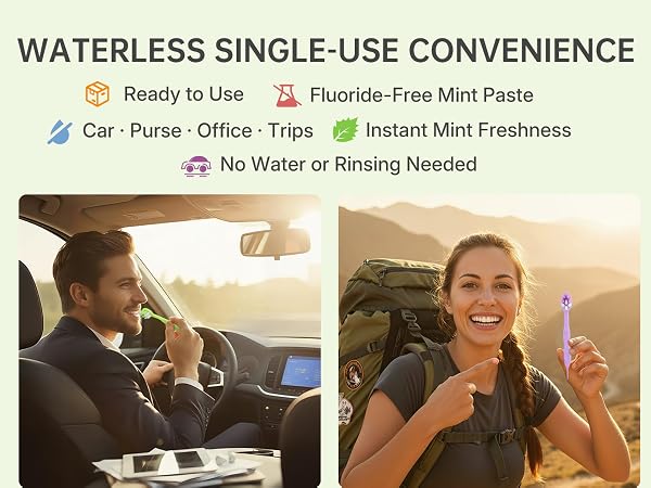 Waterless single-use Tuckpoki mini toothbrush for travel, purse, car, instant mint freshness