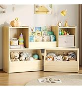 EXPERLAM Kids Bookshelf and Toy Storage, 2-Tier Toddler Bookshelf with Storage Cubbies and 2 Mova...