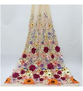 Primst 51.2" Width Flower Colorful Embroidered Lace Trim 3D Appliqué Embroidery Lace Fabric for D...