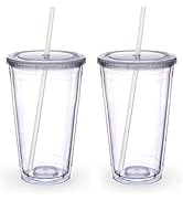Zukro Clear Acrylic Tumbler with Straw and Lid 16 oz, Double Walled Insulated Reusable Plastic Ic...
