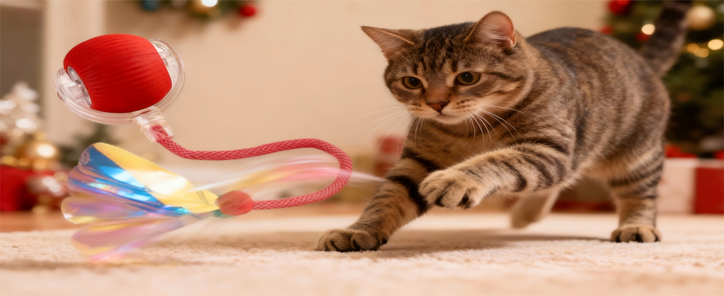 Automatic rolling cat toy ball with tail on carpet