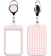 Cute Pink Gingham Retractable Badge Reel with Vertical ID Holder Preppy School Teachers ID Badge ...