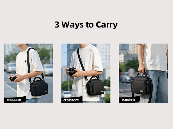 Text reads '3 Ways to Carry' followed by demonstration images showing different ways to hold or carry a black bag or case.