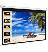 WASJOYE 100'' Manual Pull Down Projector Screen - 4K HD Retractable Projection Screen with Auto L...