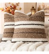 Foindtower Pack of 2 Soft Faux Fur Boucle Throw Decorative Pillow Covers Fuzzy Accent Striped Cus...