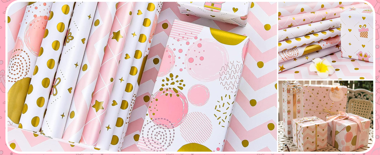 Collection of pink and gold patterned gift wrapping papers with floral and polka dot designs. Includes wrapped gift box in corner.