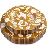 Nervure 32Pcs Brown Fall Scalloped Plastic Plates,White Bird Floral Plates Disposable include 16P...