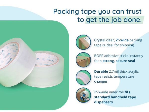 Clear packing tape with strong seal, fits standard tape dispensers