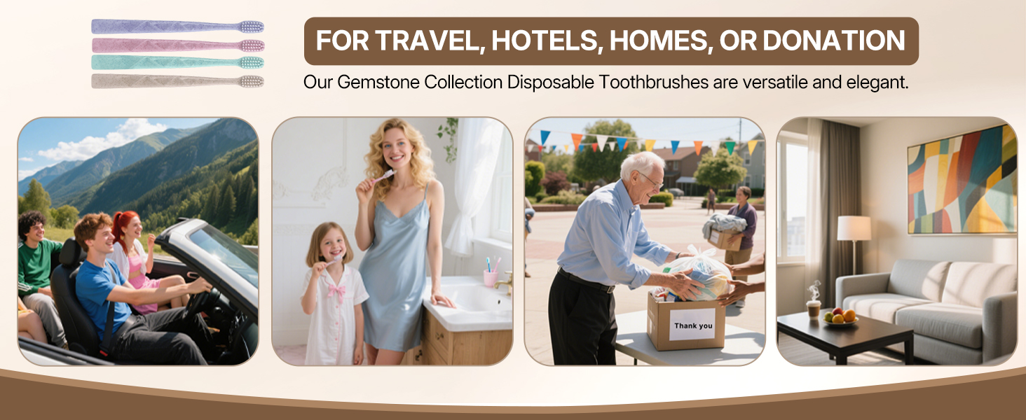 Individually wrapped disposable toothbrushes for travel, hotels, homes, or donation use