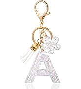 ANHBKAR Flower Resin Initial Keychain – Personalized Alphabet Keyring for Women, Girls – Cute Let...
