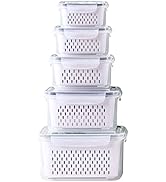 L 5 Pack Fridge Food Storage Container Set with Lids with Strainer,Plastic Fresh Produce Saver Ve...