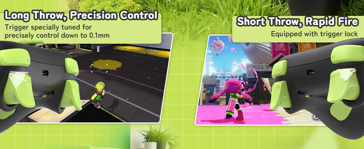 Text reads 'Long Throw, Precision Control' and 'Short Throw, Rapid Fire'. Gaming controller or input device settings demonstration showing different throwing motions against green background.