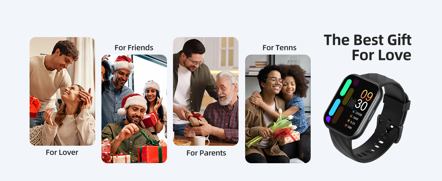 Smartwatch with black band and colorful display, shown alongside images of people in various social situations. Text indicates it's promoted as a gift.
