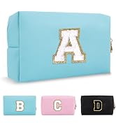 Small Personalized Initial A-Z Preppy Patch Makeup Bag,PU Chenille Letter Travel Cosmetic Pouch w...