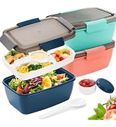 Youeon 3 Pcs 68 Oz Salad Lunch Container with 4 Compartment Tray, Bento Lunch Box with Spoon & Dr...