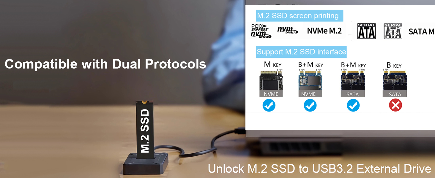 This M.2 to USB adapter is compatible with both SATA (NGFF) and NVMe (PCIe) M.2 SSDs
