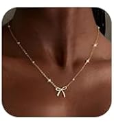 Thaivor Gold Necklace for Women Dainty Bow Necklace 14K Gold Plated Cute Choker Necklace Small Bo...