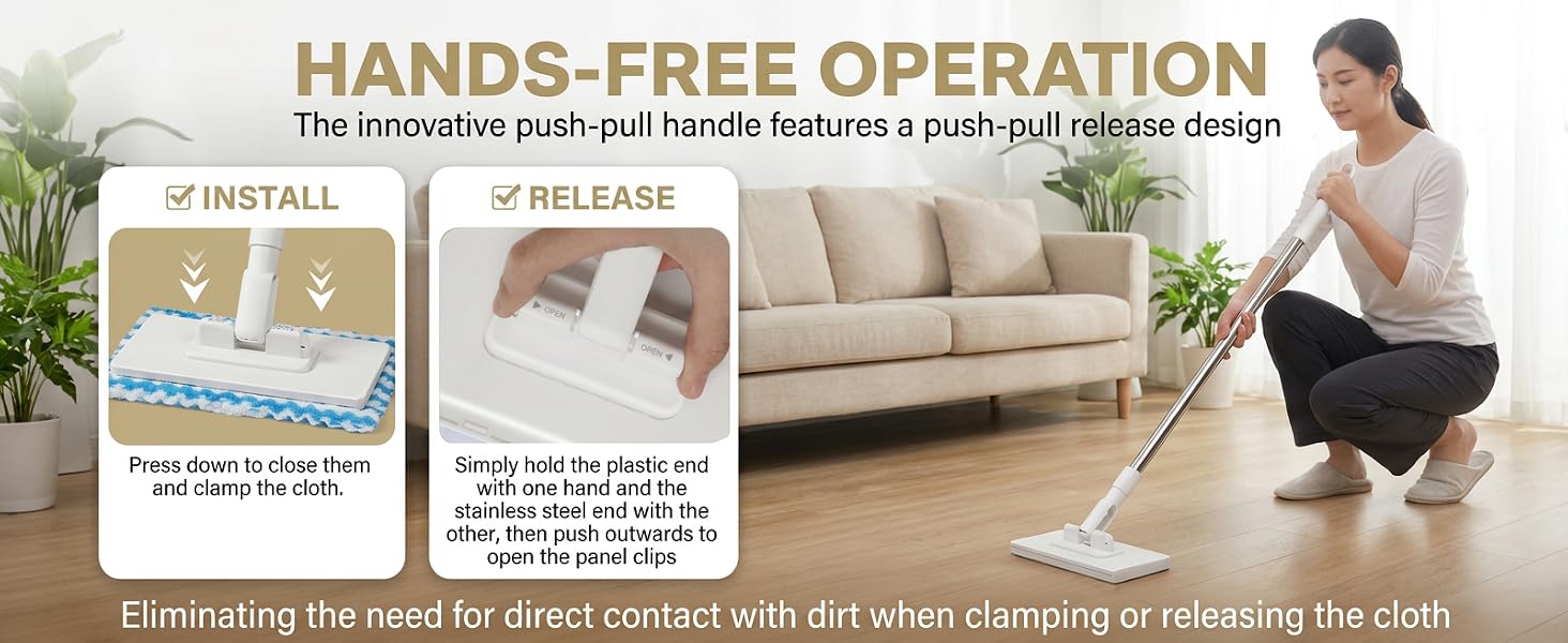 Snap Grip Mini Mop, Zero Touch Cloth Changing Mop with Automatic Push Pull Handle