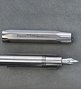 Text reads 'Mivostro TITAN spirit'. Multiple views of a silver metallic fountain pen with chrome accents and nib shown against gray background.