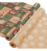 Two rolls of Christmas wrapping paper. One with Santa and holiday patterns on green, another with snowflake design on gold background.