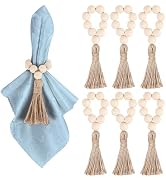 Meplait 6 Pieces Wooden Bead Napkin Rings, Farmhouse Stretchable Napkin Rings with Tassel Boho Na...
