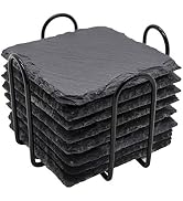 Slate Drink Coasters with Metal Holder, GOH DODD 4 Inch 8 Pieces Black Stone Coasters Bulk Cup Co...