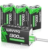 WAVYPO 1300mAh Rechargeable 9V Batteries,9 Volt Lithium-ion Batteries Long Lasting with 2-in-1 US...
