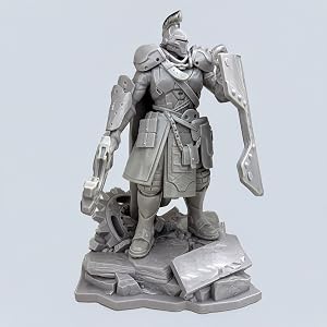 Gray 3D printed resin miniature of an armored warrior figure standing on a detailed base