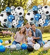 Biapian Soccer Balloons, Metallic Blue Silver Balloons with 22 Inch Rainbow Soccer Ball Foil Prin...