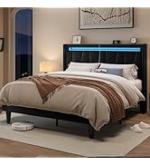 Allewie LED Bed Frame with Charging Station, Velvet Upholstered Platform Bed with Geometric Wingb...