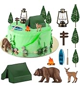 Hooqict 12 Pcs Camping Cake Decorations Set with Mini Tent, Campfire, Tree, Camp Sign, Safari Ani...